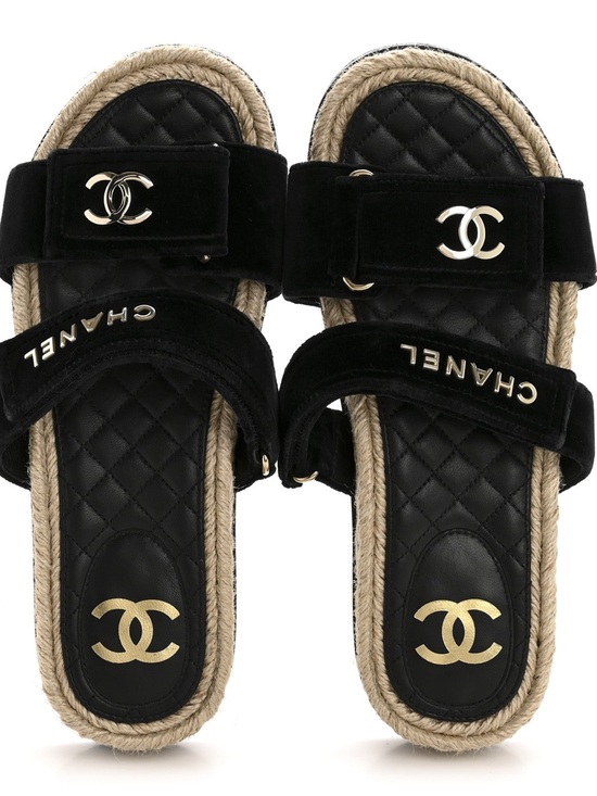 CHANEL Shoes - Chanel Black Quilted Velvet Espadrille Slide Sandals 38